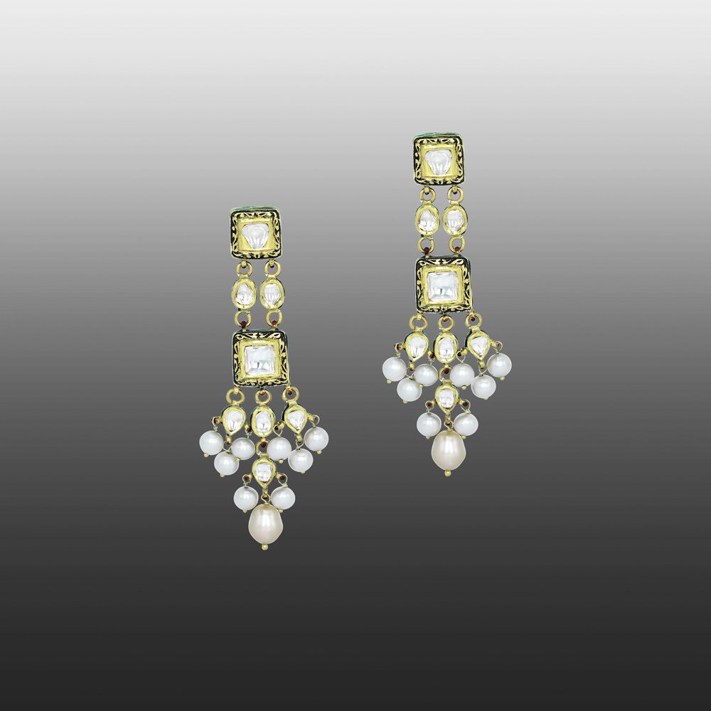 Square Polki Jadau Earrings with Partash Work and Pearl Clusters